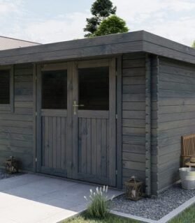 Gartenhaus TOUSCHALETS LANDES 12, graues, autoklaviertes Holz, 380 x 280 cm, Stärke 28 mm