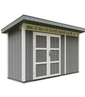 4 m² LP SmartSide Gartenhaus aus Holzwerkstoffplatten – mit Boden und Bitumenfliesen, L161 x B412 x H239 cm – Timbela M902A – Cavern Stahl