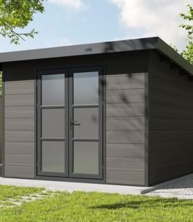 ALMA Gartenhaus aus Verbundholz – 9 m² Grau – Dielenstärke: 28 mm – Gartenhaus – Lüftungsgitter – Doppeltür – Dachrinne